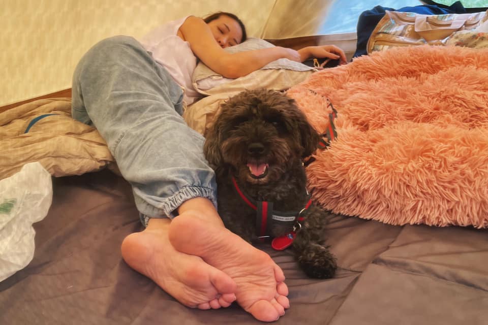 のんびり寝そべる大田みりと愛犬
